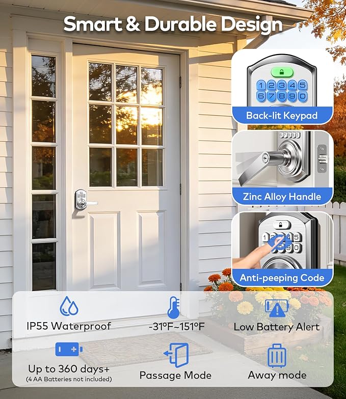 TEEHO TE019 Smart Keypad Door Lock with Handle, App Control, Keyless Entry Electronic Lock, Remote One-Time Codes, Auto Lock, Passage Mode, for Bedroom, Interior Door & Rental, Satin Nickel