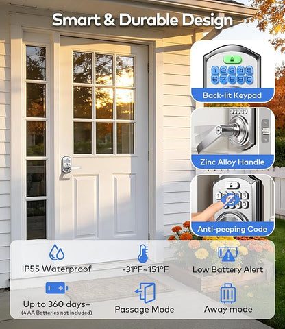TEEHO TE019 Smart Keypad Door Lock with Handle, App Control, Keyless Entry Electronic Lock, Remote One-Time Codes, Auto Lock, Passage Mode, for Bedroom, Interior Door & Rental, Satin Nickel