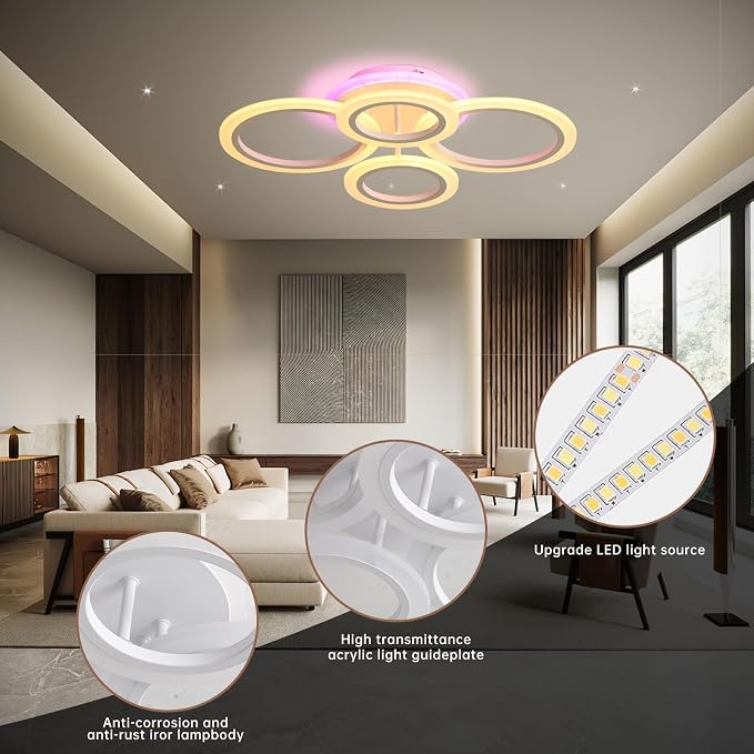 Modern LED Ceiling Light, 50W Dimmable Flush Mount, Remote, White | 3000-6000K Adjustable Color Temperature, Flicker-Free Lighting, 4 Rings Design for Kitchen, Dining Room, Hallway & Entrywa