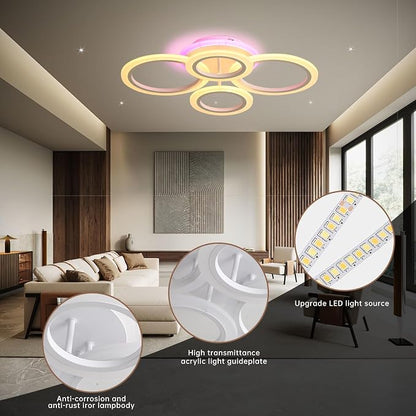 Modern LED Ceiling Light, 50W Dimmable Flush Mount, Remote, White | 3000-6000K Adjustable Color Temperature, Flicker-Free Lighting, 4 Rings Design for Kitchen, Dining Room, Hallway & Entrywa