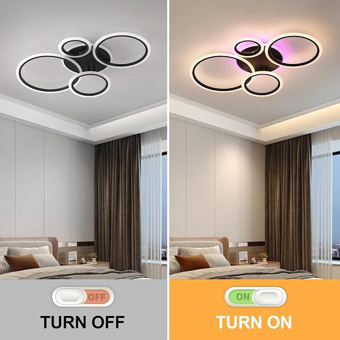 Modern LED Ceiling Light, 50W 4 Ring Flush Mount RGB Fixture | Black Ceiling Light Fixture with Remote, Dimmable 3000K-6000K, 10%-100% Brightness, RGB Backlight for Bedroom Living Room