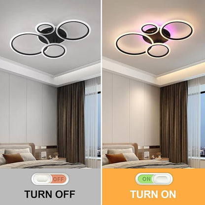 Modern LED Ceiling Light, 50W 4 Ring Flush Mount RGB Fixture | Black Ceiling Light Fixture with Remote, Dimmable 3000K-6000K, 10%-100% Brightness, RGB Backlight for Bedroom Living Room