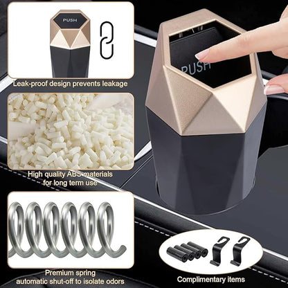 BFXM Car Trash Can, 2 Pack Car Trash Bin with Lid, Car Accessories for Women Interior, Car Garbage Can with Additional 2 ABS Hooks and 60pcs Trash Bags, Suitable for Home, Office, Car Organizer, Gold