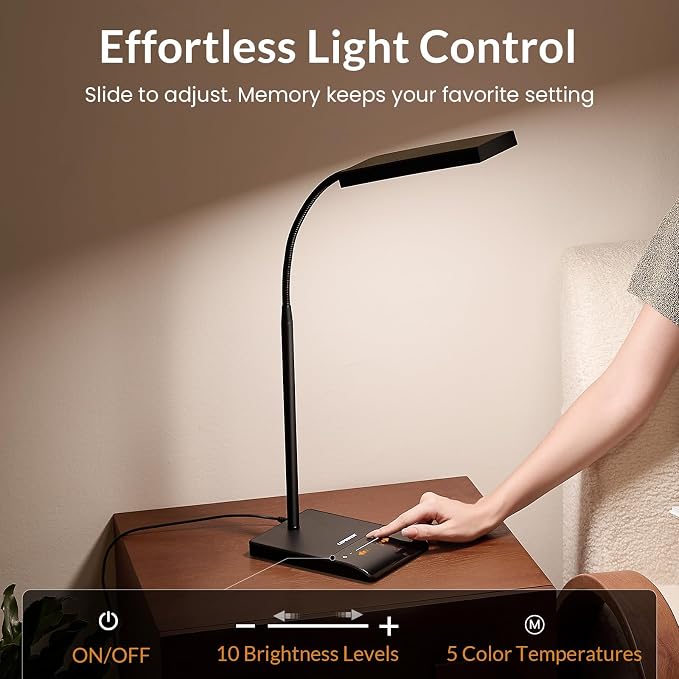 LEPOWER Desk Lamp, 800LM LED for Home Office, True Eye-Caring for Reading | 50 Lighting Modes, 2X Wider Panel, 360° Flexible Gooseneck, Touch Control, 12W Bright Table Lamp for Dorm, Bedroom, Study