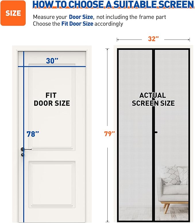 MAGZO Magnetic Screen Door, Fits Door Size 30 x 78 Inches, Actual Screen Size 32 x 79 Inches Reinforced Fiberglass Mesh Curtain for French and Entry Entrance Mesh with Full Frame Hook & Loop, Gray