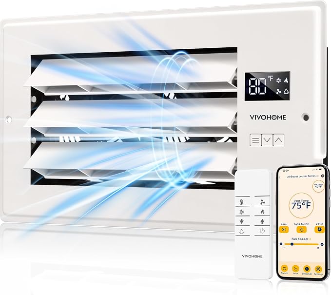 VIVOHOME Register Booster Fan - 6'' x 12'' Opening with Adjustable Louver | Smart Thermostat & 10-Speed WIFI App Control - AC Vent Fan for Floor, Ceiling, Wall - Quiet Operation (White)