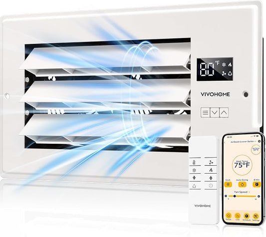 VIVOHOME Register Booster Fan - 6'' x 12'' Opening with Adjustable Louver | Smart Thermostat & 10-Speed WIFI App Control - AC Vent Fan for Floor, Ceiling, Wall - Quiet Operation (White)