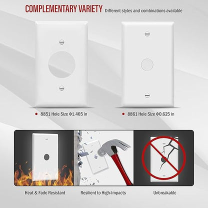 ENERLITES 1 Gang 0.406 Inch Hole Telephone/Cable Wall Cover, Fade Resistant Unbreakable Polycarbonate with Smooth Surface, 8661-W-10PCS,White, 10 Pack, 0.406", 10 Each Set