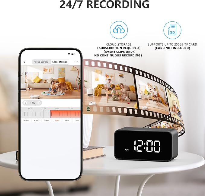 2K Wireless Clock Camera with Motion Detection, 2.4G&5G WiFi, Mobile App Control, Home Security