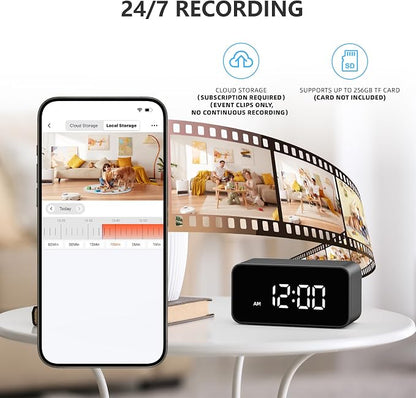 2K Wireless Clock Camera with Motion Detection, 2.4G&5G WiFi, Mobile App Control, Home Security