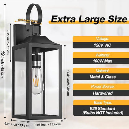 19" Large Outdoor Light Fixture 2 Pack, Porch Lights Sconce Exterior Lighting Fixtures, Black Outside Lights for House Modern Wall Lantern, Anti Rust Outside Coach Lamps for House, Doorway, Garage