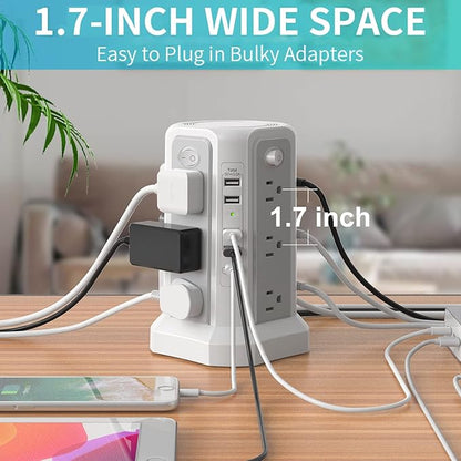 Surge Protector Power Strip Tower (13A 1625W) with 5 USB Ports (1 PD 20W), Extension Cord 10FT with 12 Multiple Outlets, Overload Protection Charging Tower for Home Office Dorm Room Essentials