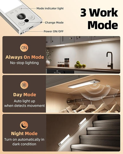 EZVALO 12inch Under Cabinet Lighting, Rechargeable Motion Sensor Light Indoor with 3 Color Temperatures, Dimmable & Magnetic Closet Lights, Wireless Under Counter Lights for Kitchen, Stairs (2 Pack)