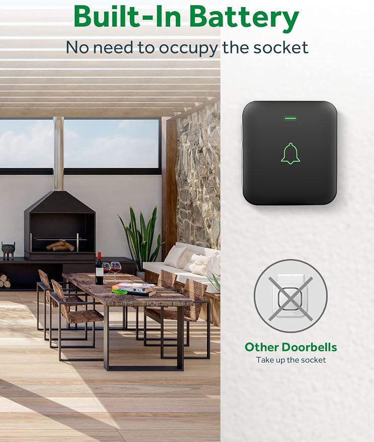 AVANTEK Wireless Doorbell, Battery-Powered & Portable, 1000 ft Range, Black