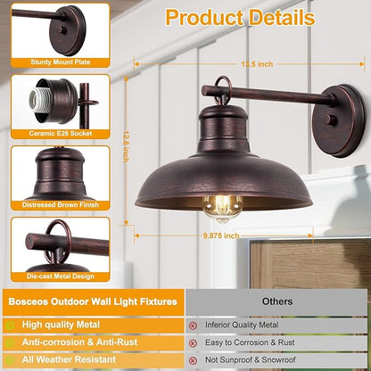 Bosceos Outdoor Wall Lights 2 Pack, Farmhouse Barn Light, Vintage Outside Wall Mount Light Fixture, Waterproof Outdoor Light for House Garage Patio Porch Doorway, Distressed Brown