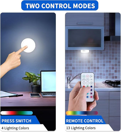 Remote Control LED Puck Lights, 4 Pack Rechargeable LED Under Counter Lights with Functional Remote Control, Wireless Under Kitchen Cabinet Lamp, Dimmable and Multi Colors Lighting