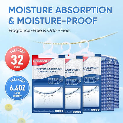 32 Pack Moisture Absorbers for Closet, 6.4OZ Hanging Closet Dehumidifier Bags, Hanging Humidity Absorber in Wardrobes, Kitchens and Bathrooms, Fragrance Free Portable Moisture bags
