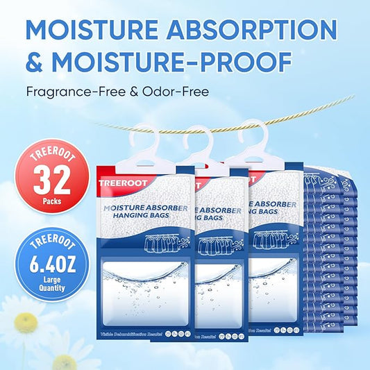 32 Pack Moisture Absorbers for Closet, 6.4OZ Hanging Closet Dehumidifier Bags, Hanging Humidity Absorber in Wardrobes, Kitchens and Bathrooms, Fragrance Free Portable Moisture bags