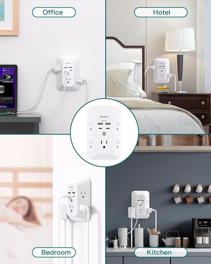 Addtam 5-Outlet Extender Surge Protector, Multi Plug Wall Outlet with 4 USB Wall Charger(2 USB C), Outlet Splitter Power Strip for Home Office Dorm Room Essentials, Plug Extension Outlet 1800J, 2 Pack