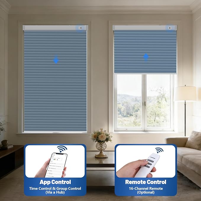 Motorized Cellular Shades with Remote, Blackout Smart Cellular Shades Compatible with Alexa, Cordless Honeycomb Window Blinds for Bedroom Home Office, Custom Size, Blackout Blue