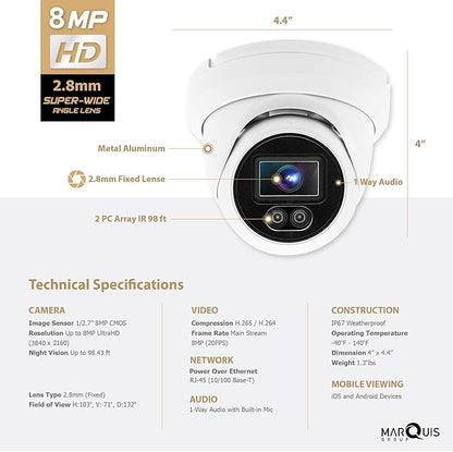 Marquis 8MP PoE IP Turret Dome Camera with Microphone/Audio, IP Security Camera Outdoor Rated, 98ft IR Night Vision, Waterproof IP66, 108° Wide Angle 2.8mm Lens