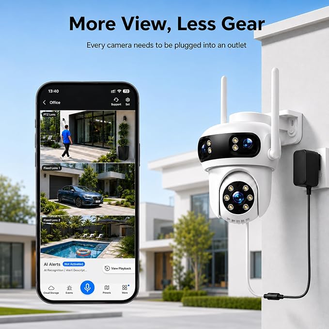 CAMCAMP Triple-Lens Security Camera Wireless Outdoor, Remote Access via APP | 1 Cam 3 views, auto tacking, human detected, plug-in power WiFi Pro, Color Night Vision, for big home side yard Gate Driveway