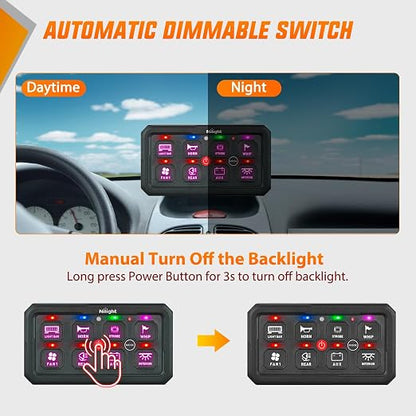 Nilight 8 Gang Switch Panel APP RGB 12V 24V Circuit Control System 4-Mode | Fuse Wiring Harness APP Remote Control Automatic Dimmable Toggle/Momentary/Strobe/Flash for Car Pickup Truck Camper SUV