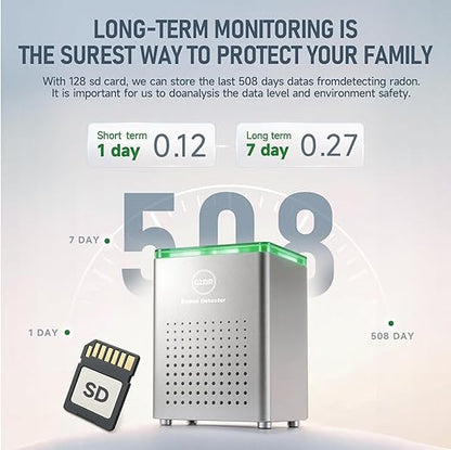Radon Detector for Home, Pulse Ionization Sensor with 10-Min Results,Long-Term Continuous Monitoring,Radon Monitor with 508 Days Data SD Card,Anti-Interference Radon Tester (Silver-Standard Edition)