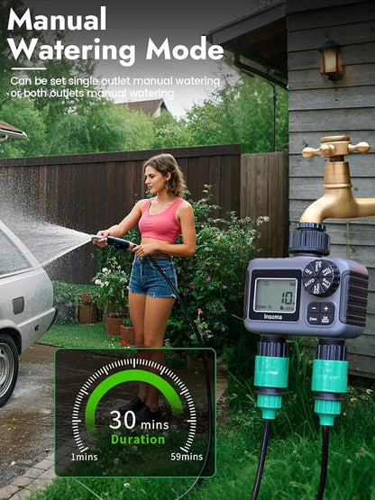 Insoma 2 Zone Water Timer, Programmable Irrigation Sprinkler Timer for Garden Hose, Outdoor Hose Faucet Timers with Rain Delay/Manual/Auto Modes, IPX5 Waterproof for Drip System & Lawn