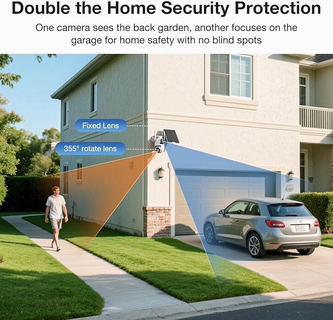 TKENPRO Dual Lens Solar Security Cameras Wireless Outdoor, 2K Full HD Video, 360° View Pan/Tilt Home Security Camera with Color Night Vision, Easy to Install, PIR Alarm, 2.4GHz WiFi
