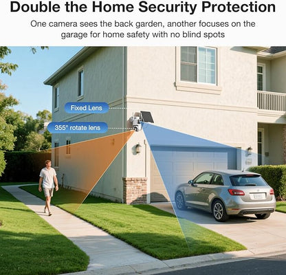 TKENPRO Dual Lens Solar Security Cameras Wireless Outdoor, 2K Full HD Video, 360° View Pan/Tilt Home Security Camera with Color Night Vision, Easy to Install, PIR Alarm, 2.4GHz WiFi