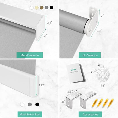 Motorized Roller Shades, Light Filtering Remote Control Custom Window Shades Compatible with Alexa Google Assistant via RF Hub, Rechargeable Electric Blinds for Windows (Fireproof Grey)
