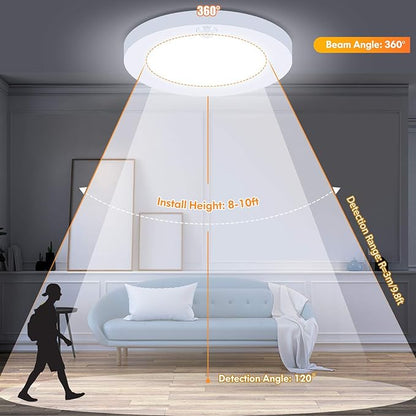 Motion Sensor LED Ceiling Light, 15W(100W Equivalent) & 1200LM, 3 Colors in 1(3000K/4000K/5000K), 7.5inch Flush Mount Lighting Fixture for Doorway, Stairway, Corridor, Pack of 2, Non-Dimmable, White