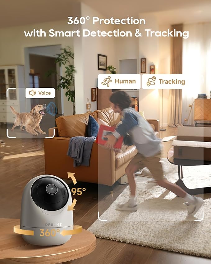 DREAME 2.5K 4MP Pet Dog Camera, Security Cameras Wireless Indoor, Dual-Band 5G/2.4G Wi-Fi, Auto-Tracking, 360° Pan-Tilt, Cloud & Local Storage, Physical Privacy Mode, Work with Alexa & Google, Grey