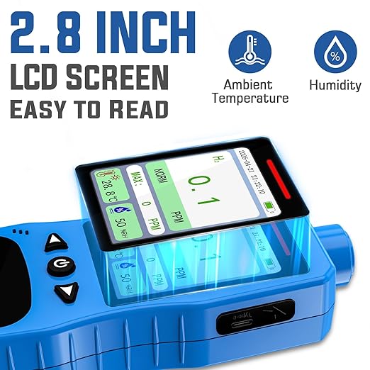Hydrogen Gas Detector 0-1000 PPM, 0.1 PPM High Accuracy H2 Monitor with 3 Types Alarm, Rechargeable Hydrogen Meter, Portable H2 Air Quality Meters with Temperature Humidity Tester