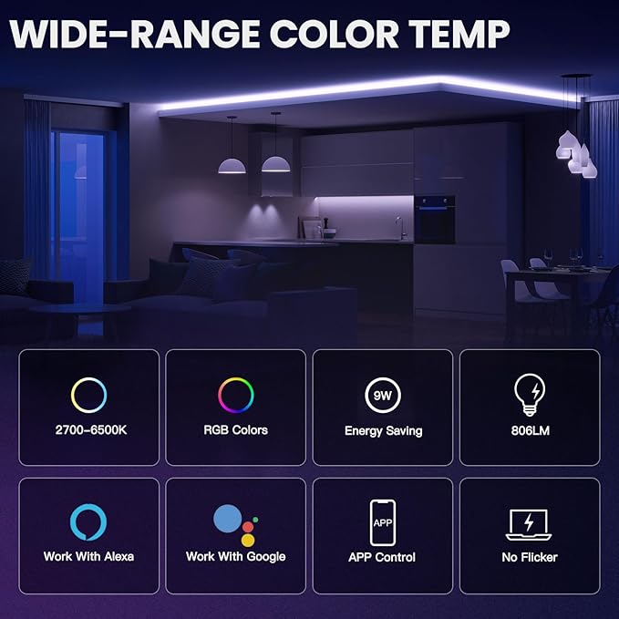 Smart LED Light Bulb, 9W, RGB Color Changing, Music Sync, 806LM, Compatible with Alexa & Google Home, App Control，4 Pack