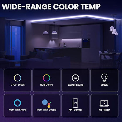 Smart LED Light Bulb, 9W, RGB Color Changing, Music Sync, 806LM, Compatible with Alexa & Google Home, App Control，4 Pack