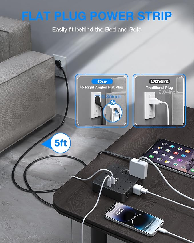 Flat Plug Power Strip, 5Ft Extension Cord with Multiple Outlets | HUNIAN 12 Widely Spaced Outlets 6 USB Charger (2 USB C Ports), Desk Charging Station for Home Office Supplies, Black