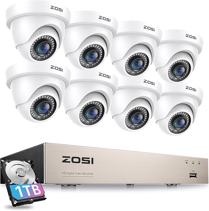 ZOSI 8CH Home Security Camera System Outdoor Indoor,H.265+ 8Channel 1080P DVR with 1TB HDD,8pcs Weatherproof Surveillance CCTV Dome Cameras,Night Vision,Motion Detection,for 24/7 Recording