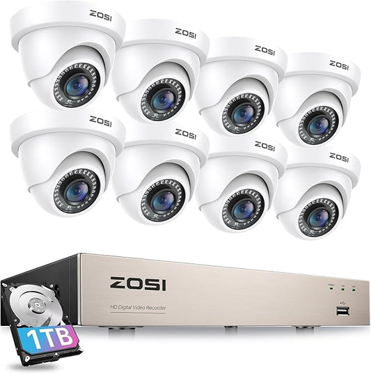 ZOSI 8CH Home Security Camera System Outdoor Indoor,H.265+ 8Channel 1080P DVR with 1TB HDD,8pcs Weatherproof Surveillance CCTV Dome Cameras,Night Vision,Motion Detection,for 24/7 Recording