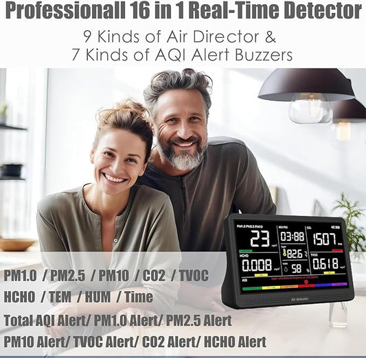 Prefessionall Indoor Air Quality Monitor with 7X AQI Beep Alarms,16 in 1 Portable Real-Time Detector for PM2.5 | PM10 | CO2 | TVOC | HCHO | Temp | Hum for Home Cars Plants Pets (Obsidian Black)