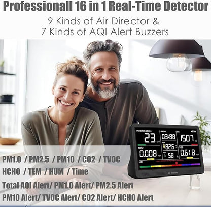 Prefessionall Indoor Air Quality Monitor with 7X AQI Beep Alarms,16 in 1 Portable Real-Time Detector for PM2.5 | PM10 | CO2 | TVOC | HCHO | Temp | Hum for Home Cars Plants Pets (Obsidian Black)