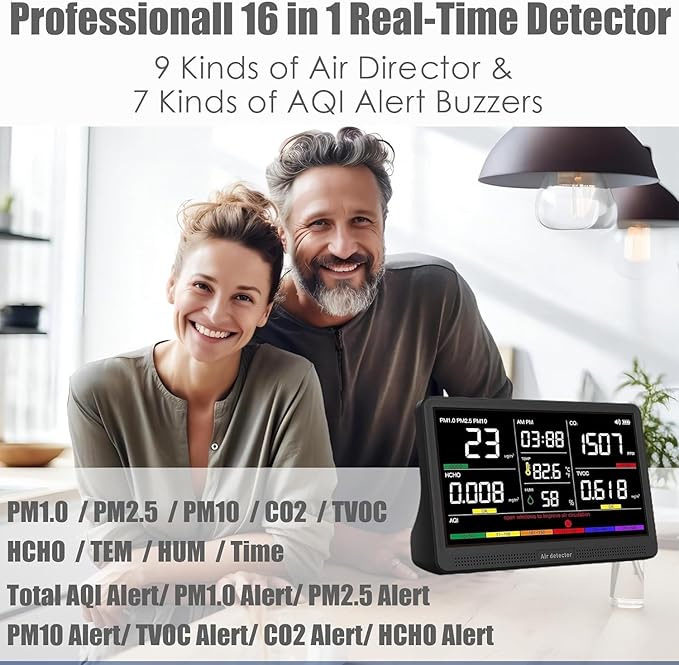 Prefessionall Indoor Air Quality Monitor with 7X AQI Beep Alarms,16 in 1 Portable Real-Time Detector for PM2.5 | PM10 | CO2 | TVOC | HCHO | Temp | Hum for Home Cars Plants Pets (Obsidian Black)