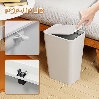12L Covered Bathroom Trash Can,Office Trash Cans for Near Desk,Slim Bedroom Cute Small Trash Can,3.17 Gallon Plastic Pet/Dog Proof Bathroom Garbage Can,Thin Waste Basket for Room,Kitchen Trashcan,Gray