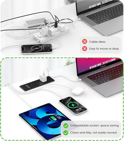 HHSOET 2 Pack Recessed Power Strip, Fast Charging Furniture Outlet Flat Plug, Flush Mount Surge Protection with 6 AC Outlets, 10ft Power Cord for Conference Table, Nightstand
