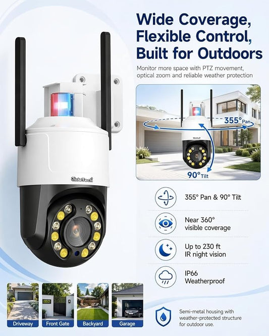 JideTech 5MP Outdoor PTZ WiFi Security Camera, 5X Optical Zoom, Dual Band 2.4G/5G Wireless, Auto Tracking, Human Detection, Color Night Vision, Red & Blue Warning Light, NVR Compatible
