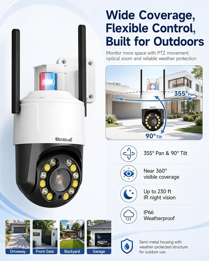 JideTech 4K 8MP Security Camera Outdoor, 5X Optical Zoom, PTZ Camera WiFi 2.4/5GHz, Red & Blue Light Alarm, Color Night Vision Floodlight, Automatic Human Tracking, Human Vehicle Pet Detection