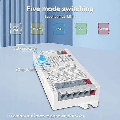 GLEDOPTO ZigBee3.0 Pro+ 5 in 1 LED Controller 20A Max RGBCCT/RGBW/RGB/CCT/Dimmer Compatible with Alexa Homey Home Assistant Z2M APP Control for Analog RGBCCT RGB WWCW LED Strip Light (Hub Required)