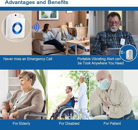 Caregiver Pager Wireless Call Button Personal Alert System for Home Elderly, Nurse Calling System with Portable Receiver and Emergency Button (1 Portable+1 Plug in Pager 2 Transmitter)
