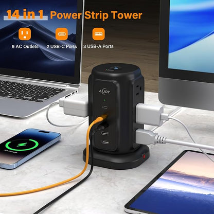AiJoy Power Strip Tower with 9 AC Outlets and 5 USB Ports Charging Station | 1200J Surge Protector, 6.5 Feet Extension Cord with Multiple Outlets for Home Dorm Room Office Supplies Desk Accessories